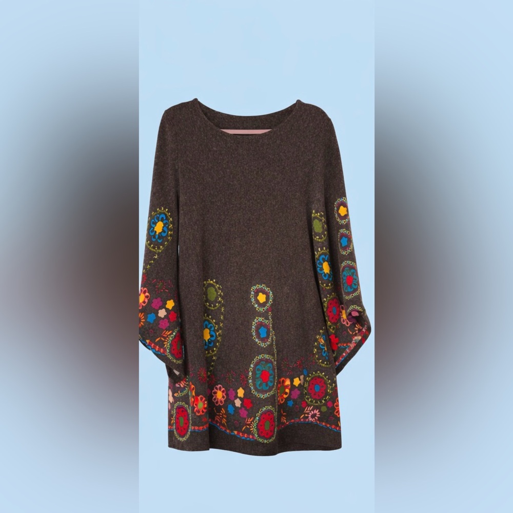 Brown Wool Blend Boho Dress with Bell Sleeves